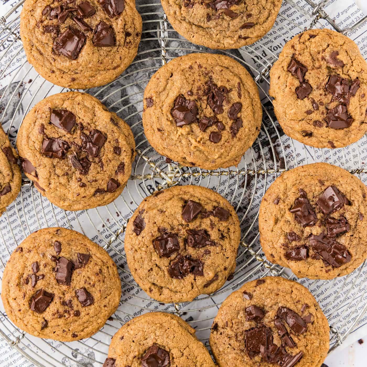 keto espresso chocolate chip cookies being taken out of the oven