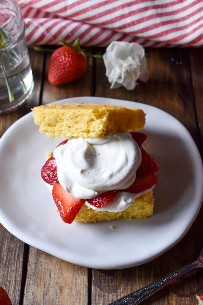 close up shot of moist strawberry shortcake cornbread