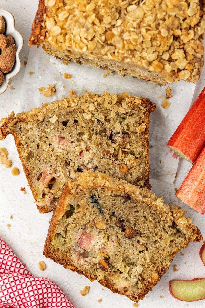 a close-up showing the moist crumb of the elderflower rhubarb bread