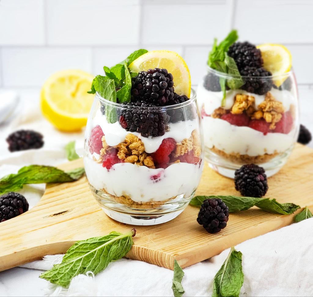 elderflower lemon yogurt parfait with berries and biscotti