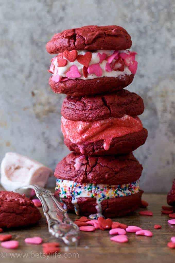 red velvet ice cream sandwiches stacked high