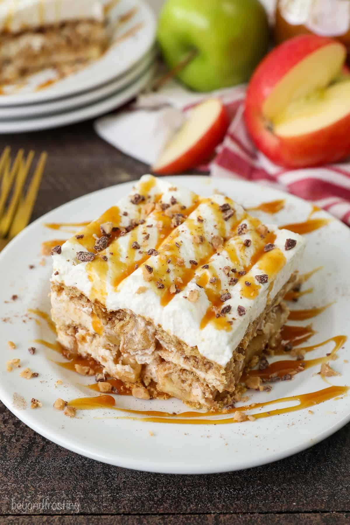 slices of lasagna with apples and cheddar on a plate