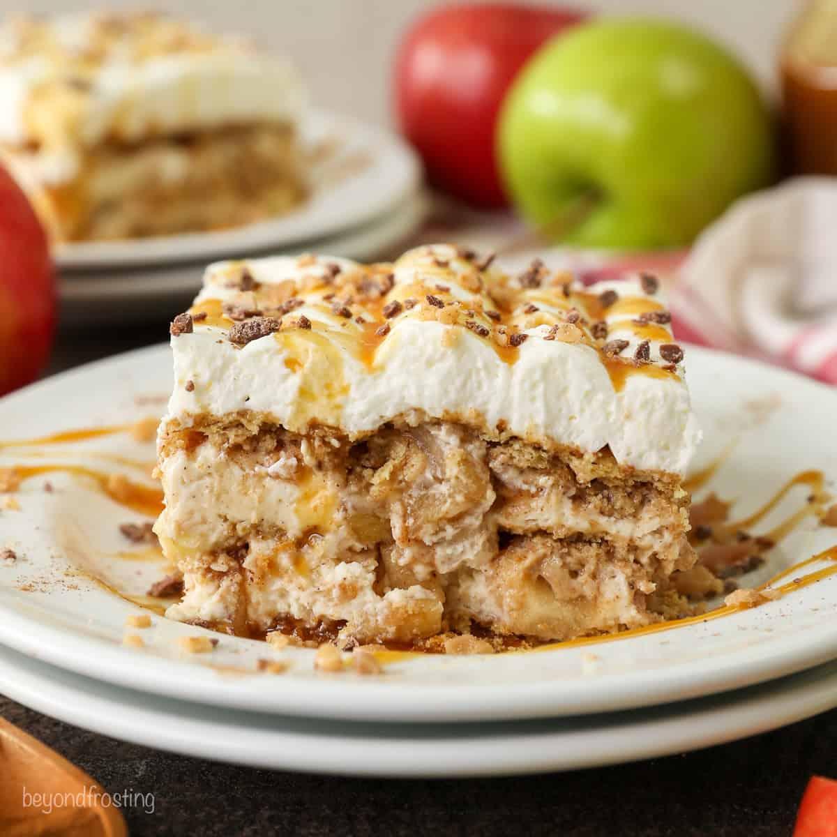 baked lasagna with apples and cheddar in a casserole dish