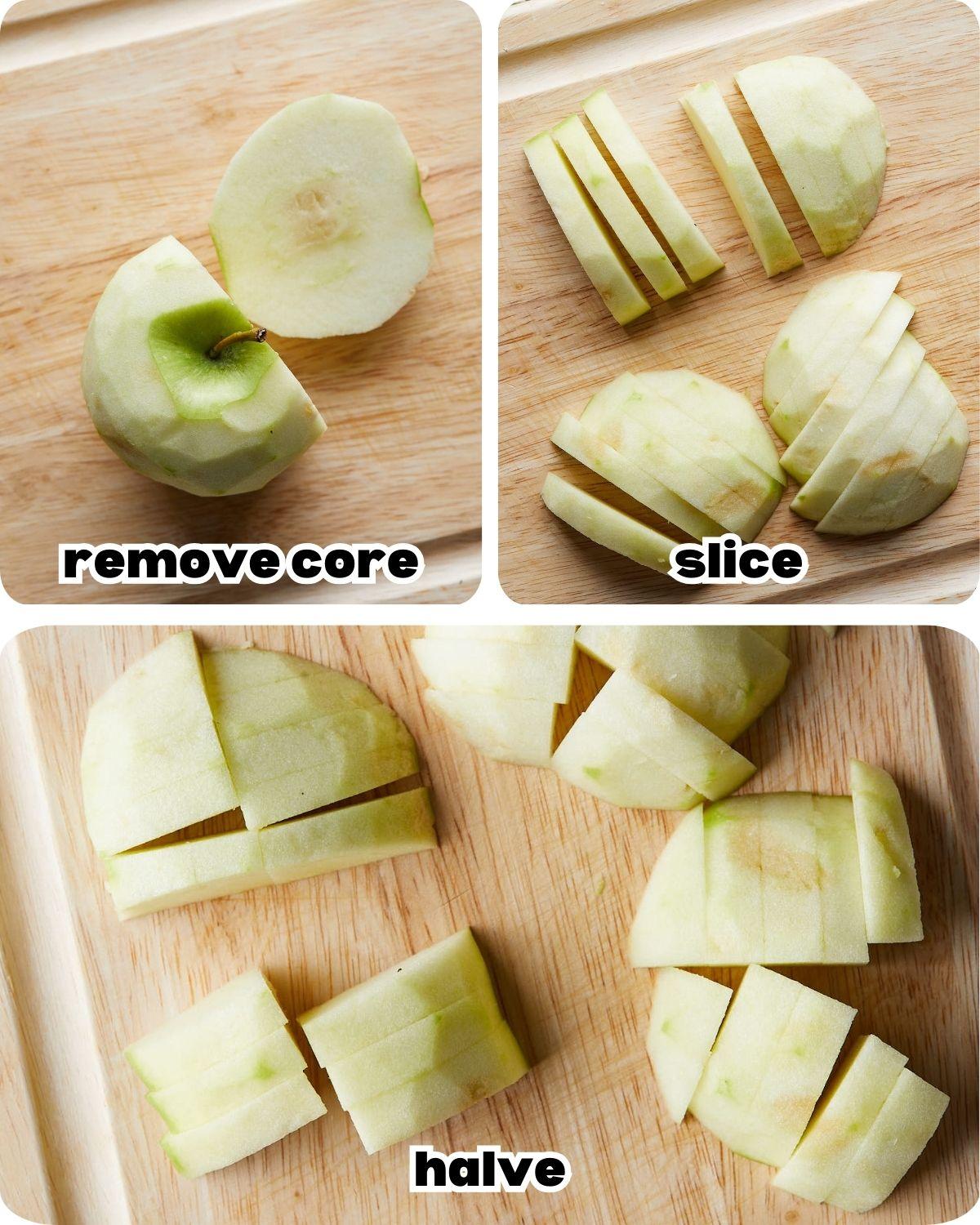 apples being sliced for dutch apple crisp