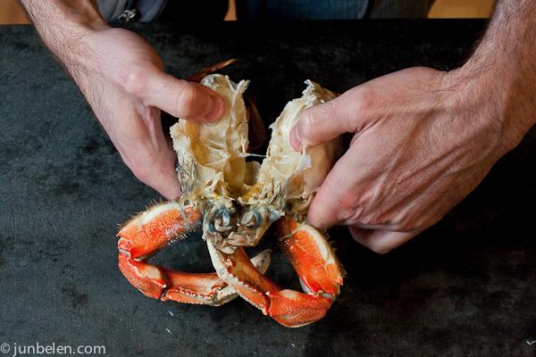 Close-up of a crab cake being formed by hand