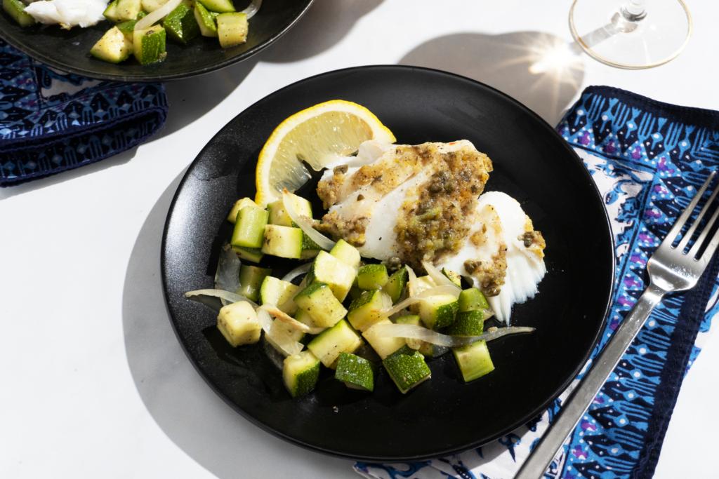 grilled lemon garlic cod with zucchini