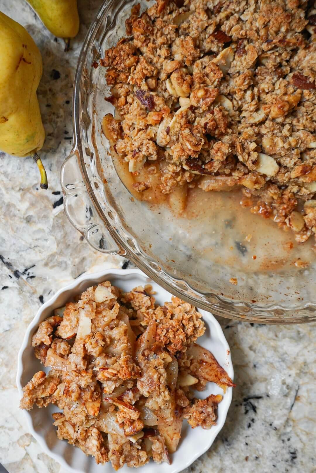 overhead shot of freshly baked cinnamon pear crisp
