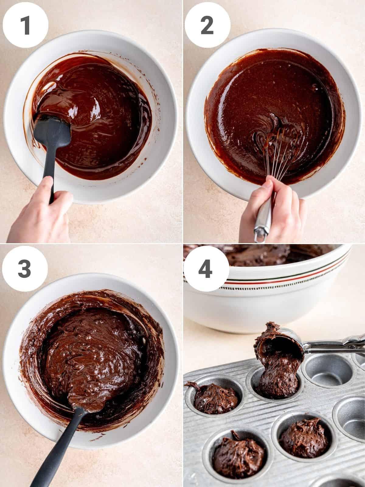 overhead shot of brownie batter being poured into mini muffin tin