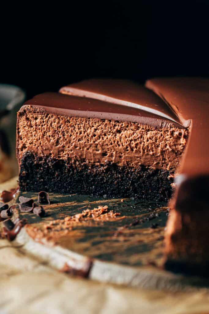 close up of a slice of layer cake showing moist texture