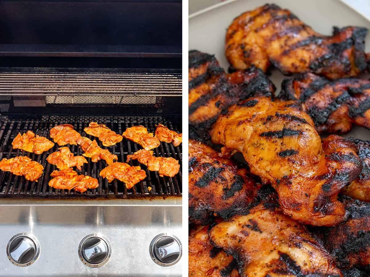close up of honey sriracha bbq chicken on a grill