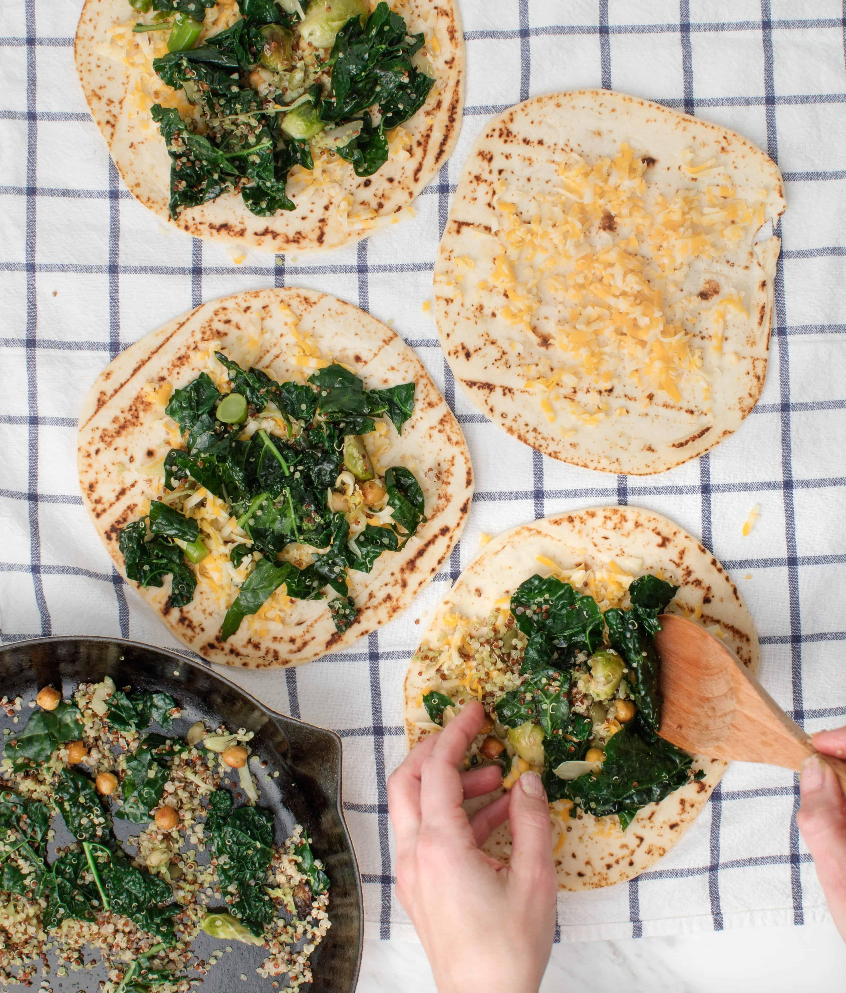 close-up shot of kale and quinoa quesadilla filling