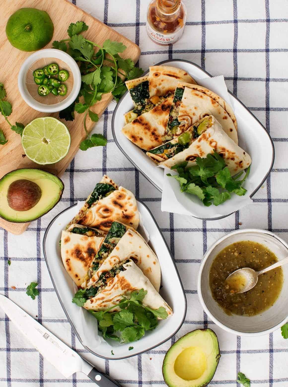 kale and quinoa quesadillas being grilled
