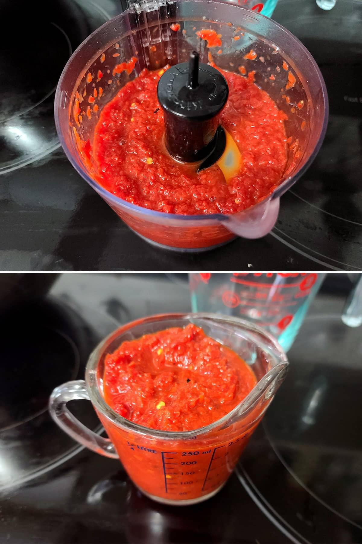 roasted red peppers being pureed in a food processor