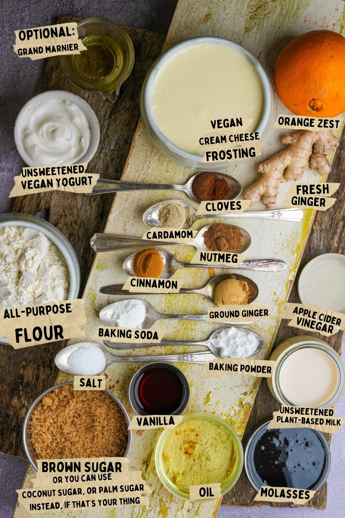 Ingredients for vegan gingerbread pie mac laid out on a kitchen counter