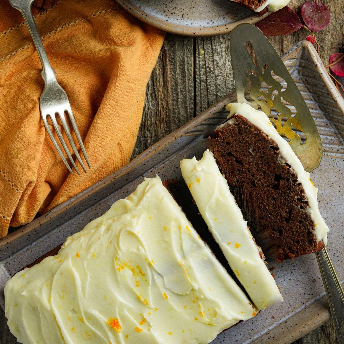 Close up of vegan gingerbread pie mac with a fork cutting into it