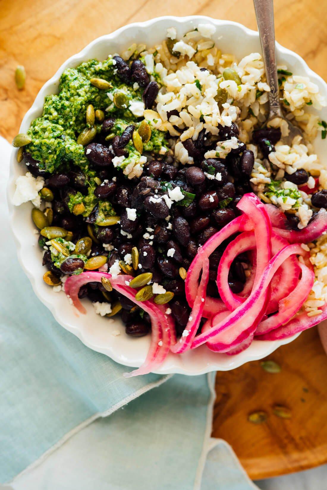 vibrant black bean burrito bowl with fresh toppings