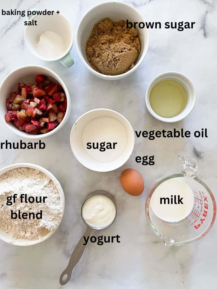 Ingredients for rhubarb date bread laid out on a kitchen counter
