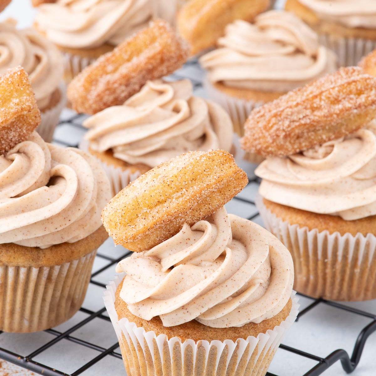 overhead shot of assorted mini-cupcakes, focusing on churro mini-cupcakes with cinnamon sugar