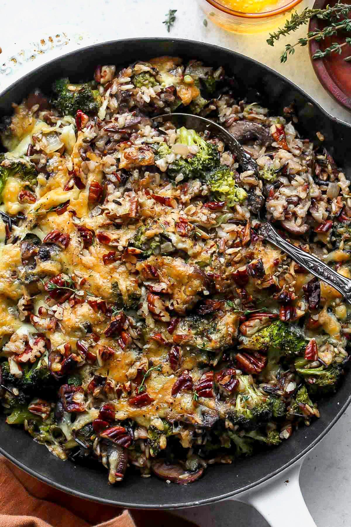 golden brown zucchini bake with wild rice and mushrooms