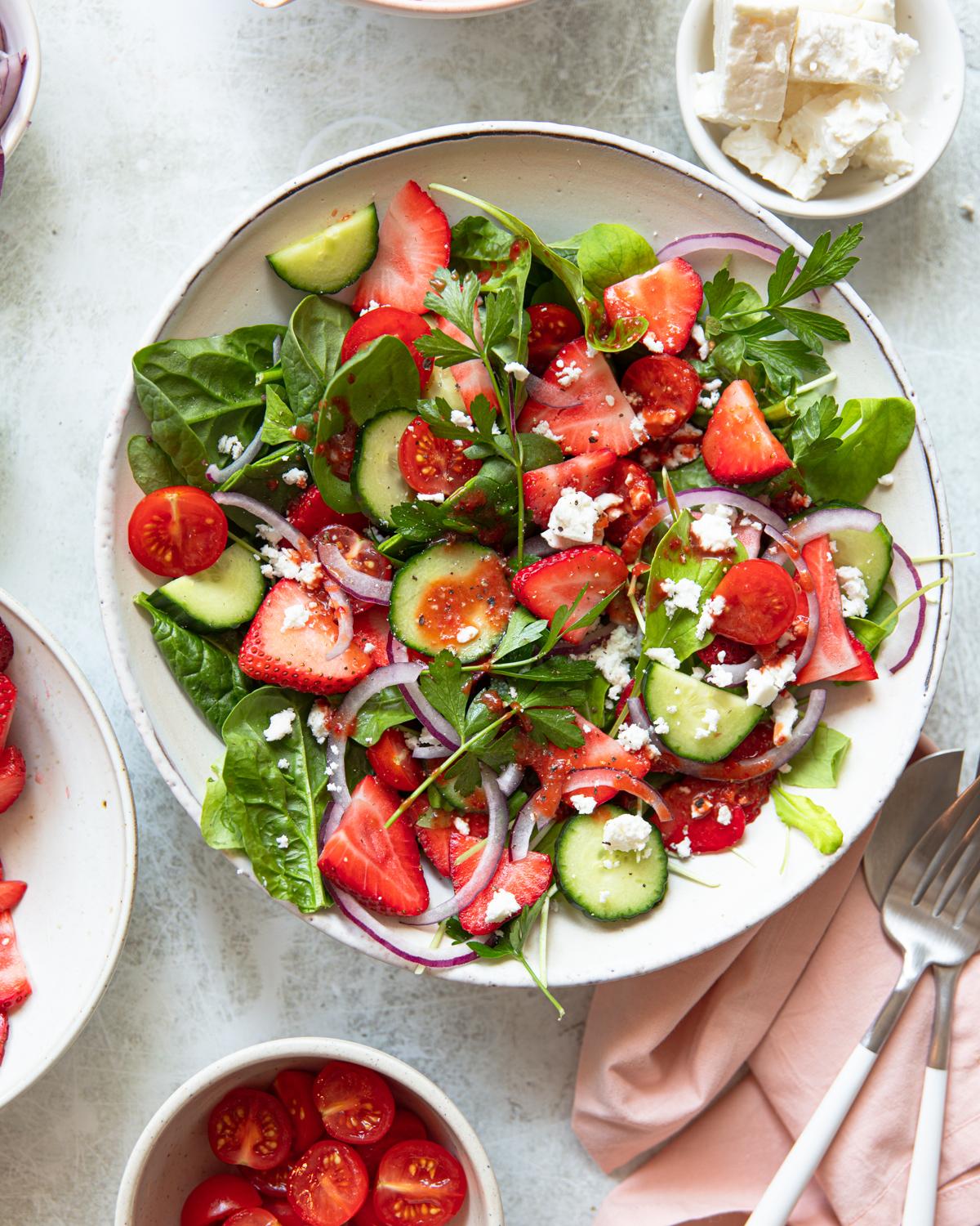 close up of strawberry feta salad on a plate