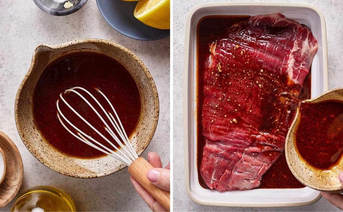 raw flank steak marinating in a bowl