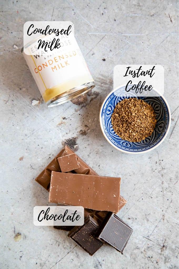 Ingredients for coffee chocolate fudge pops laid out on a kitchen counter