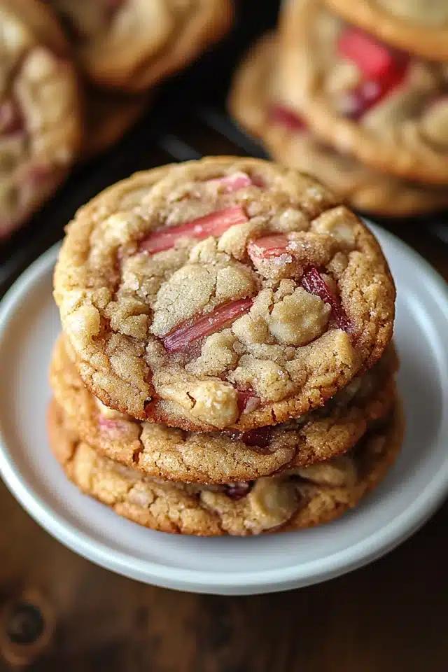 close up shot of brown butter rhubarb cookies fresh out of the oven