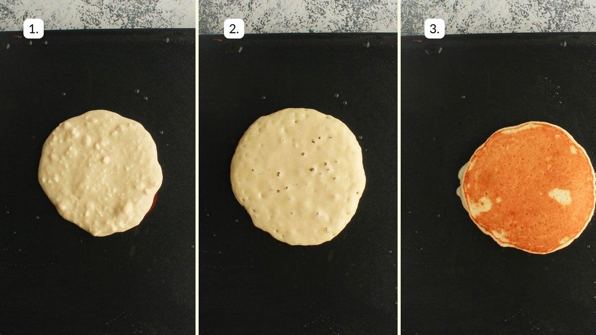 overhead shot of gluten-free pancake batter being poured onto a hot griddle