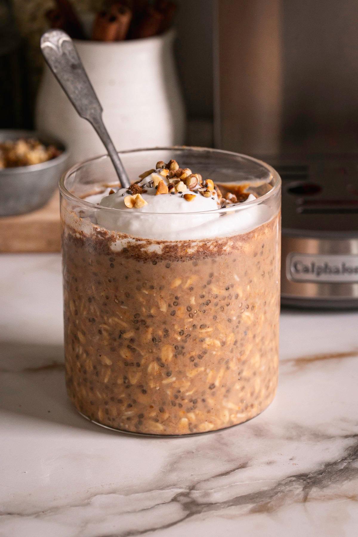 pumpkin spice latte overnight oats in a glass jar