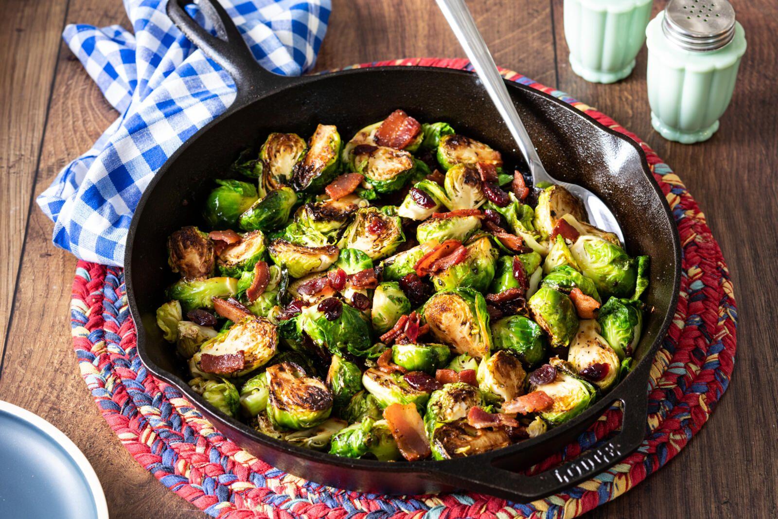 zucchini and brussels sprout bake with maple syrup and bacon