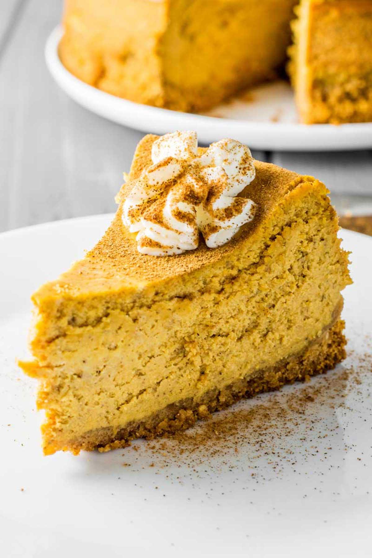 Close-up of a perfectly baked pumpkin spice cheesecake