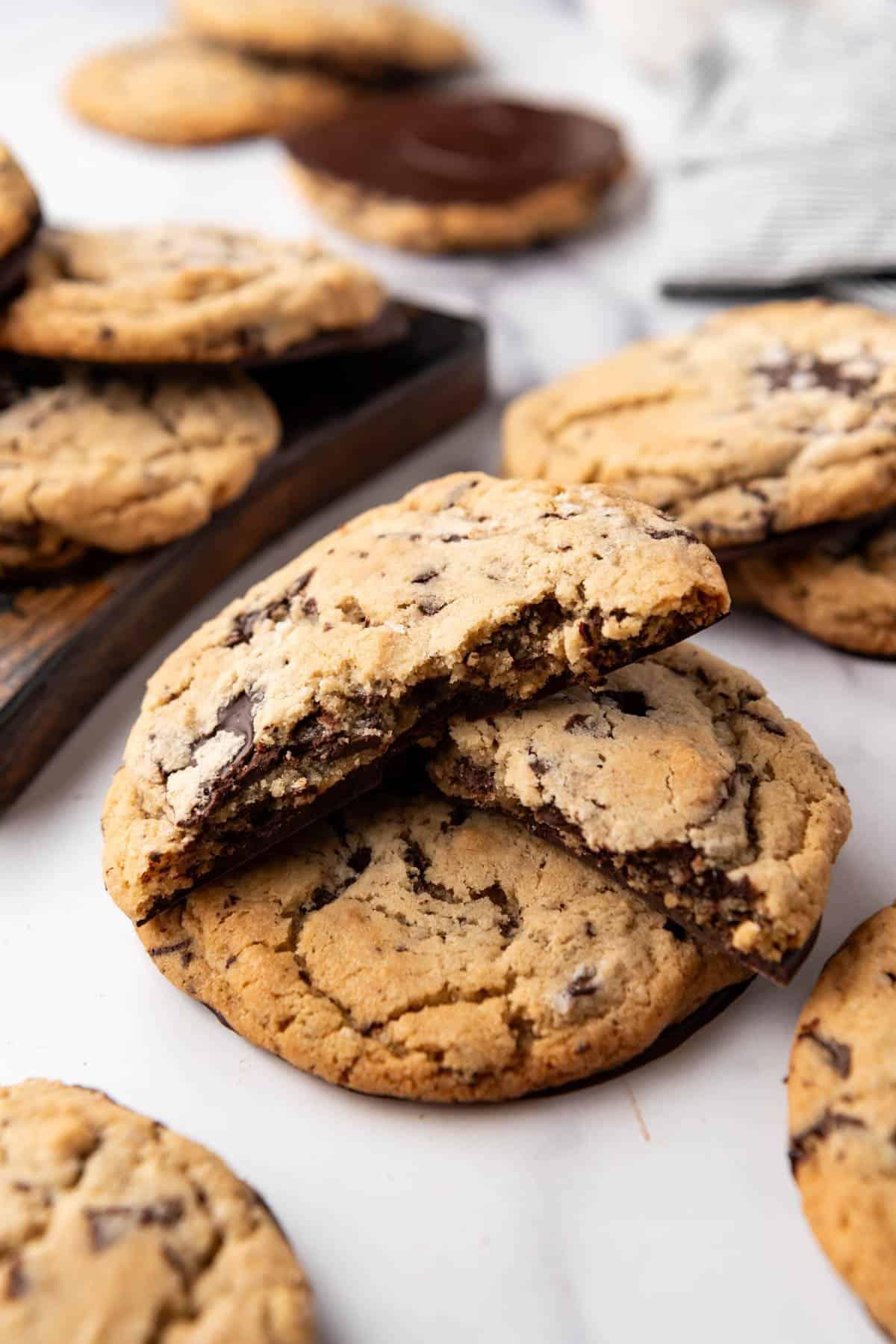 close-up shot of a keto espresso chocolate chip cookie, broken in half to show texture