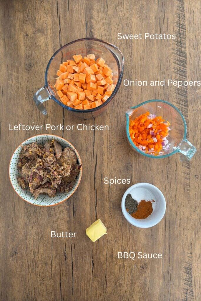 ingredients for keto chicken hash laid out on a wooden surface