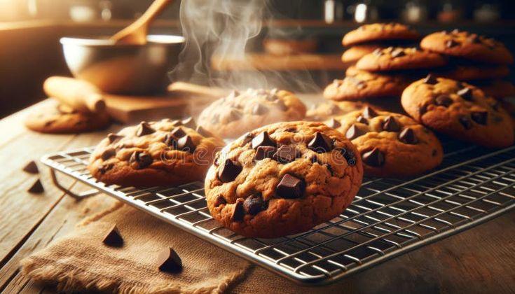 warm, gooey chocolate chip cookies on a cooling rack, steam rising, close-up