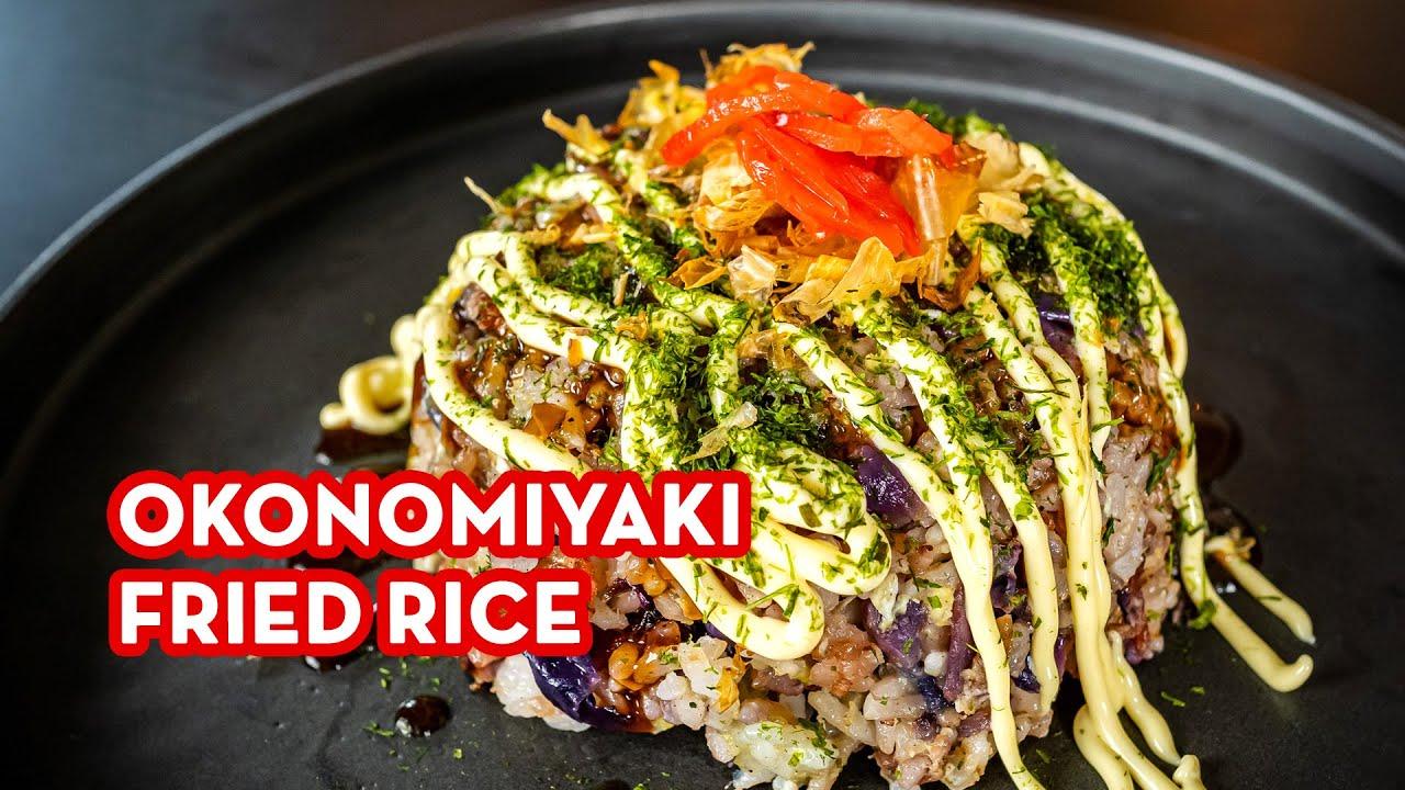 Okonomiyaki fried rice being served on a plate