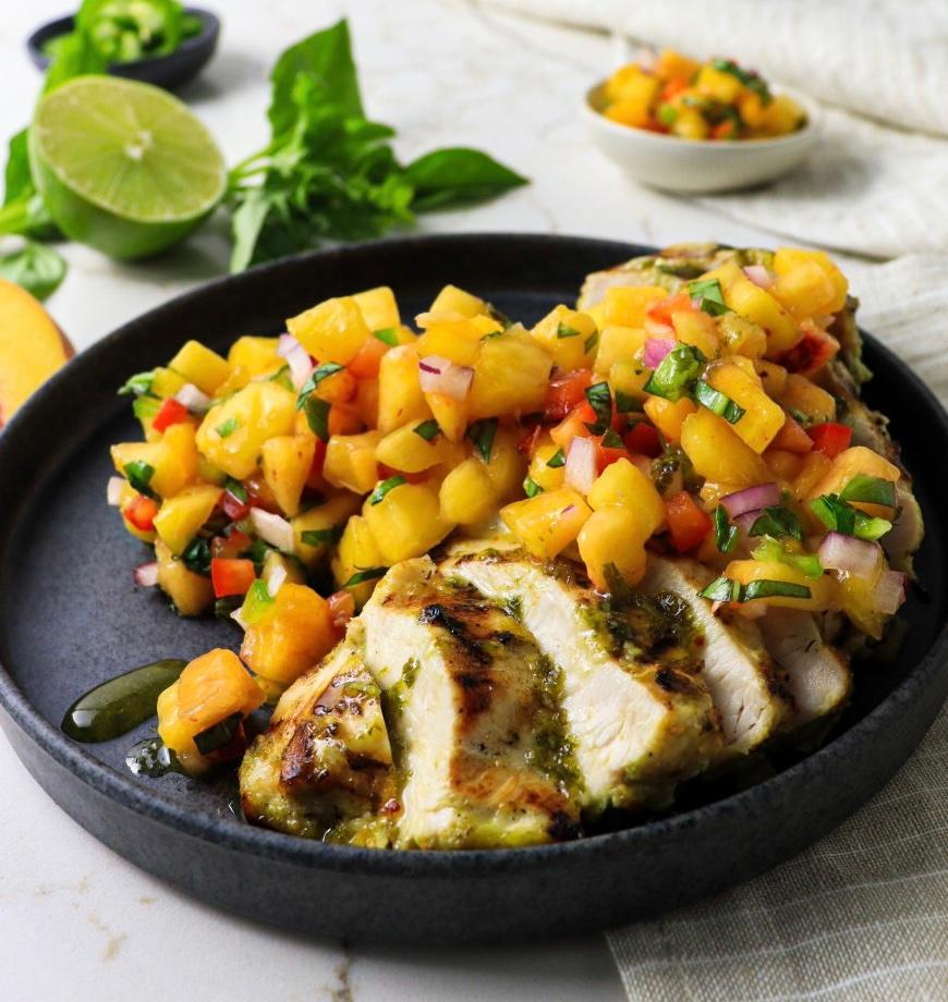 rhubarb salsa served with grilled chicken and lime wedges