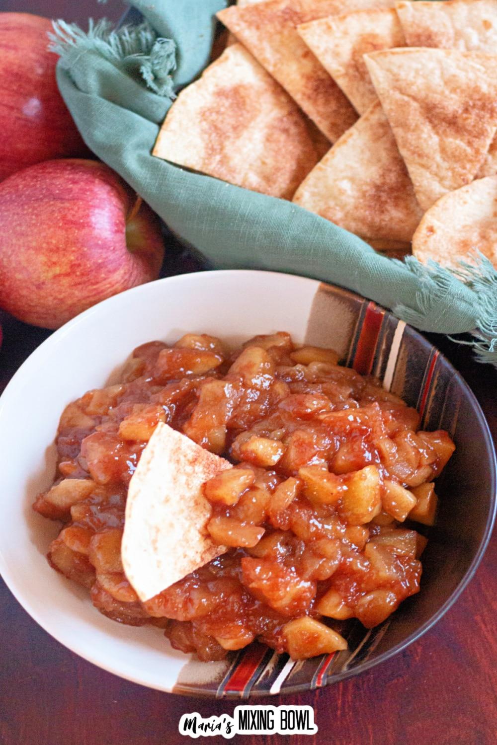 Apple Crisp Salsa being served on cinnamon tortilla chips.