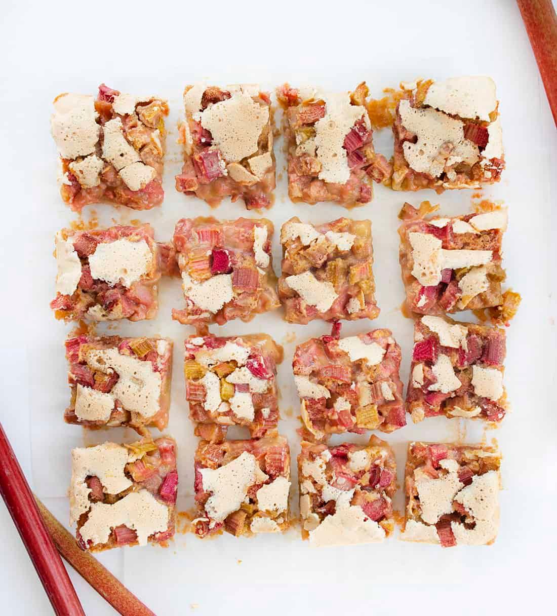 Overhead shot of rhubarb and pear bars arranged on a platter
