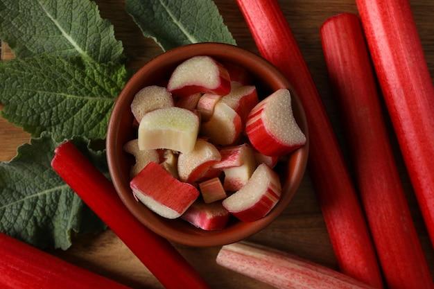 close up of sliced rhubarb stalks