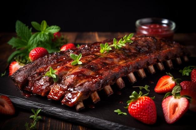 Strawberry glaze being brushed onto ribs on a grill