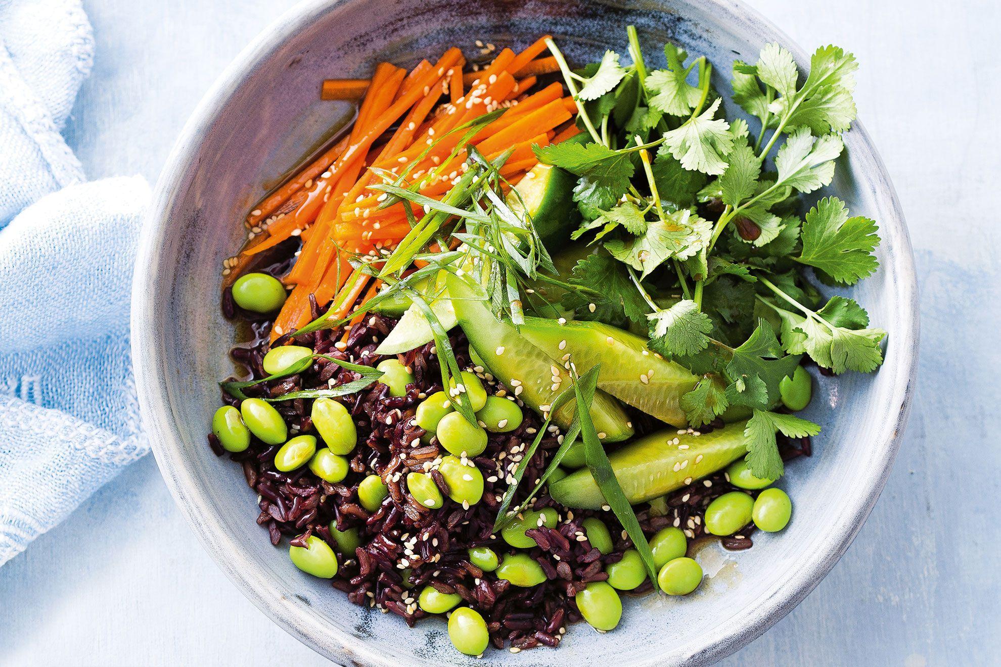 black rice and edamame salad in a bowl