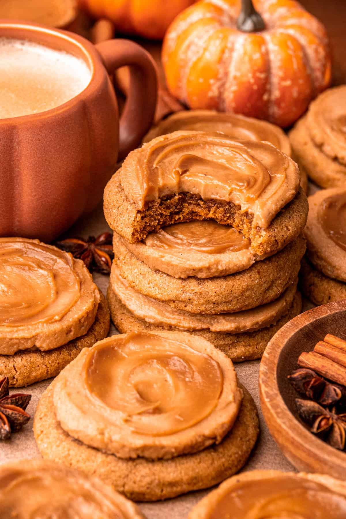 Close-up of a pumpkin spice latte cookie with visible cracks and soft texture