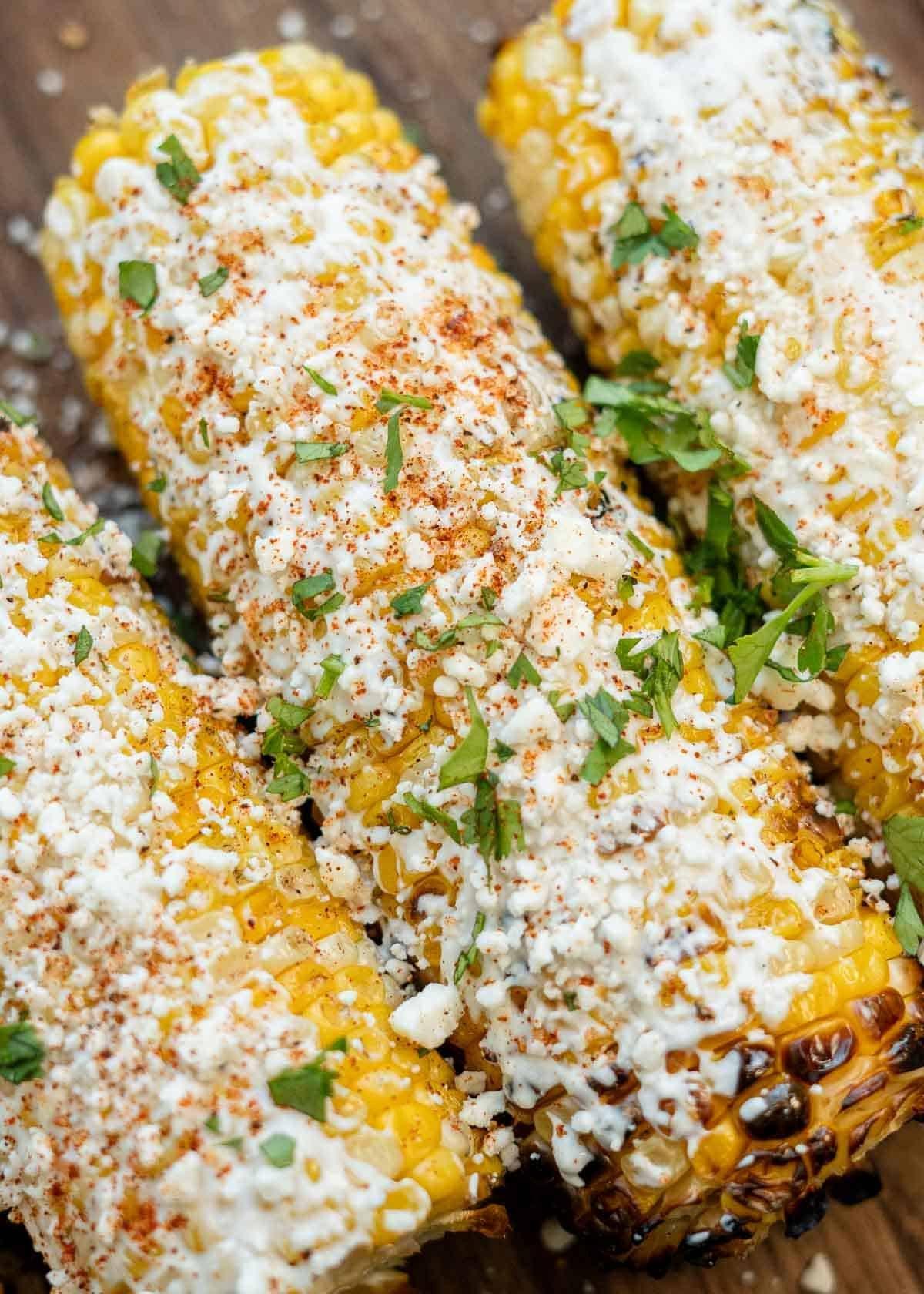 close-up shot of elote on the grill