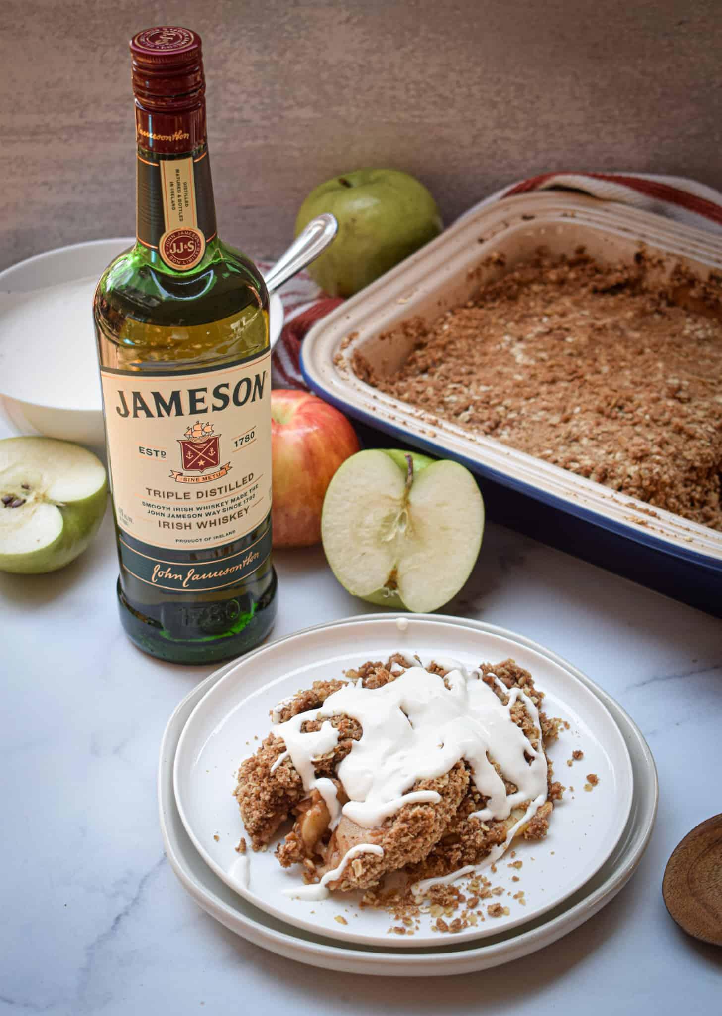 ingredients for irish cream apple crisp arranged on a wooden countertop