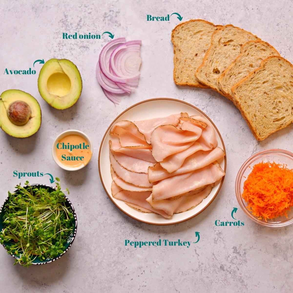 overhead shot of ingredients for turkey and avocado sandwiches laid out on a kitchen counter