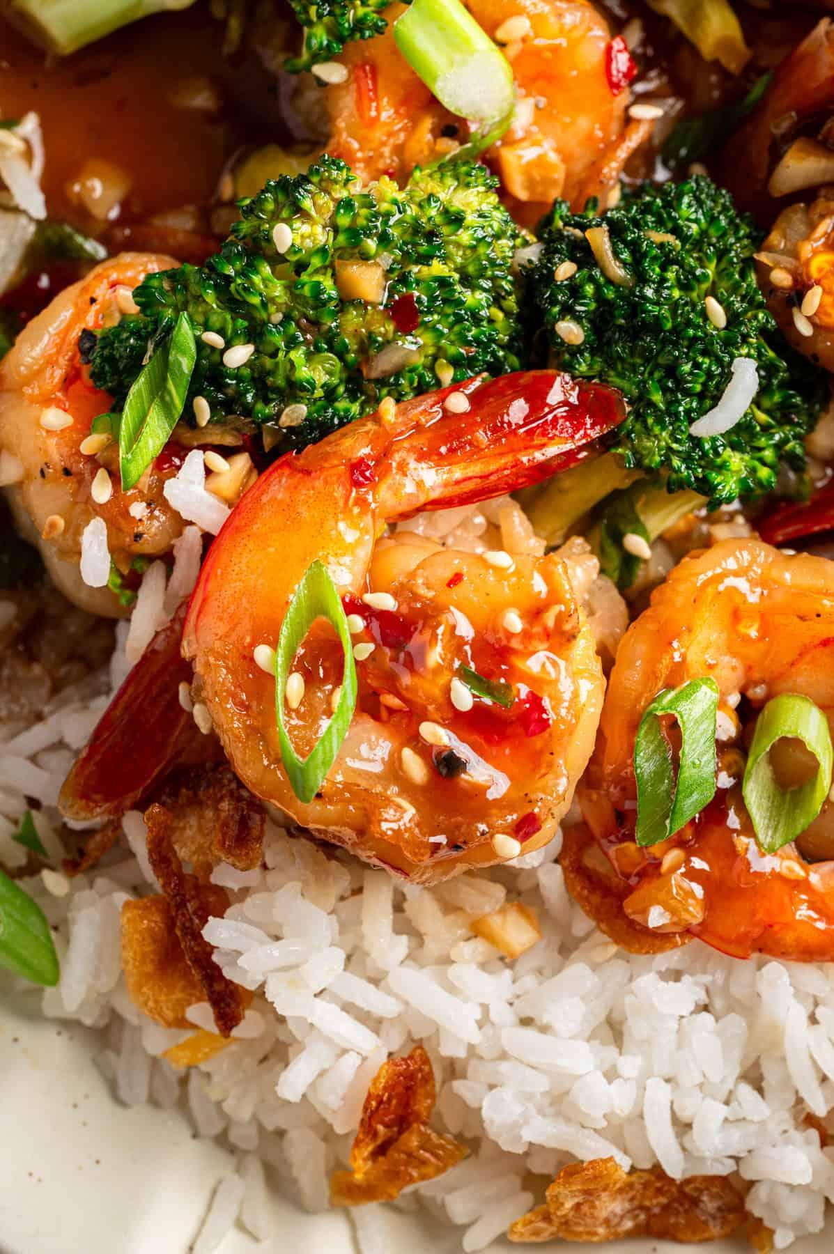 plate of glossy honey garlic shrimp with rice and green onions, close-up, vibrant colors