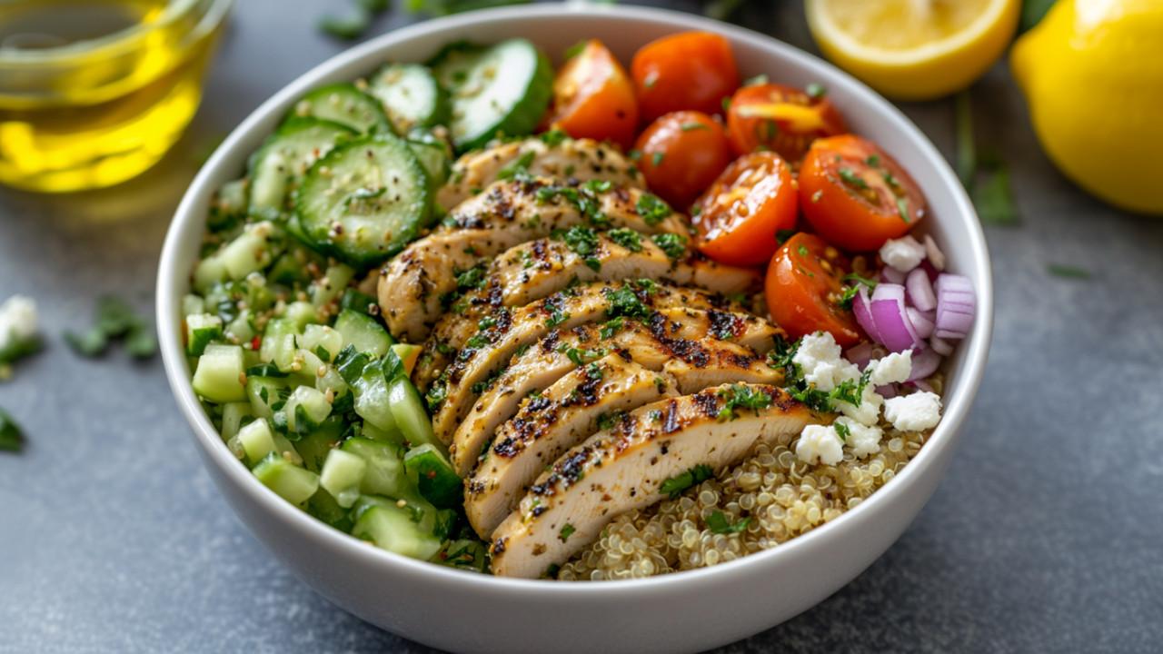 close up shot of lemon herb chicken and chickpea bowl