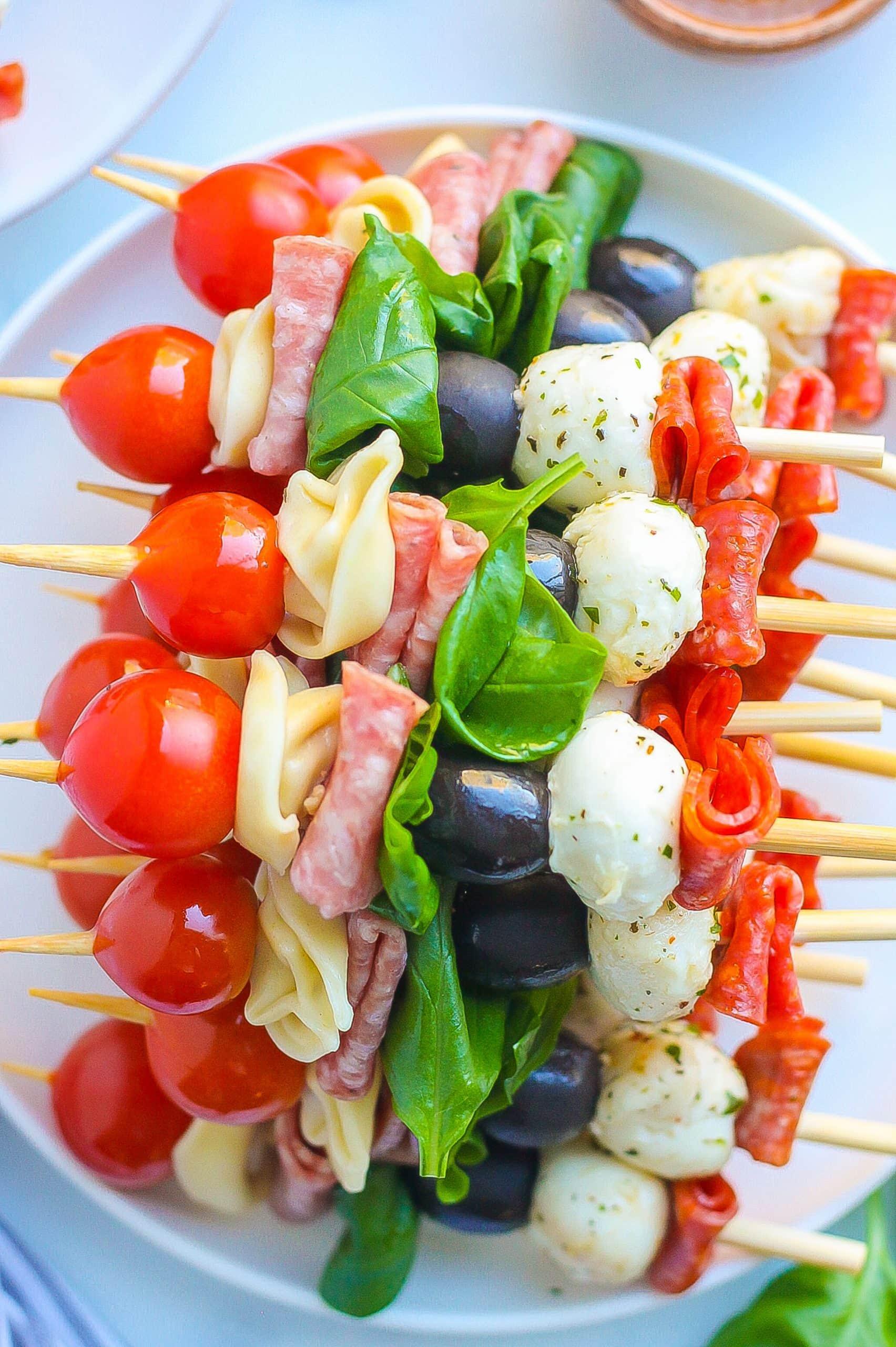 close up of colorful American antipasto skewers