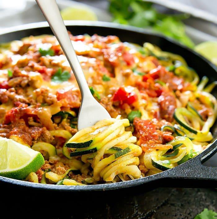 close-up shot of zucchini noodle taco skillet