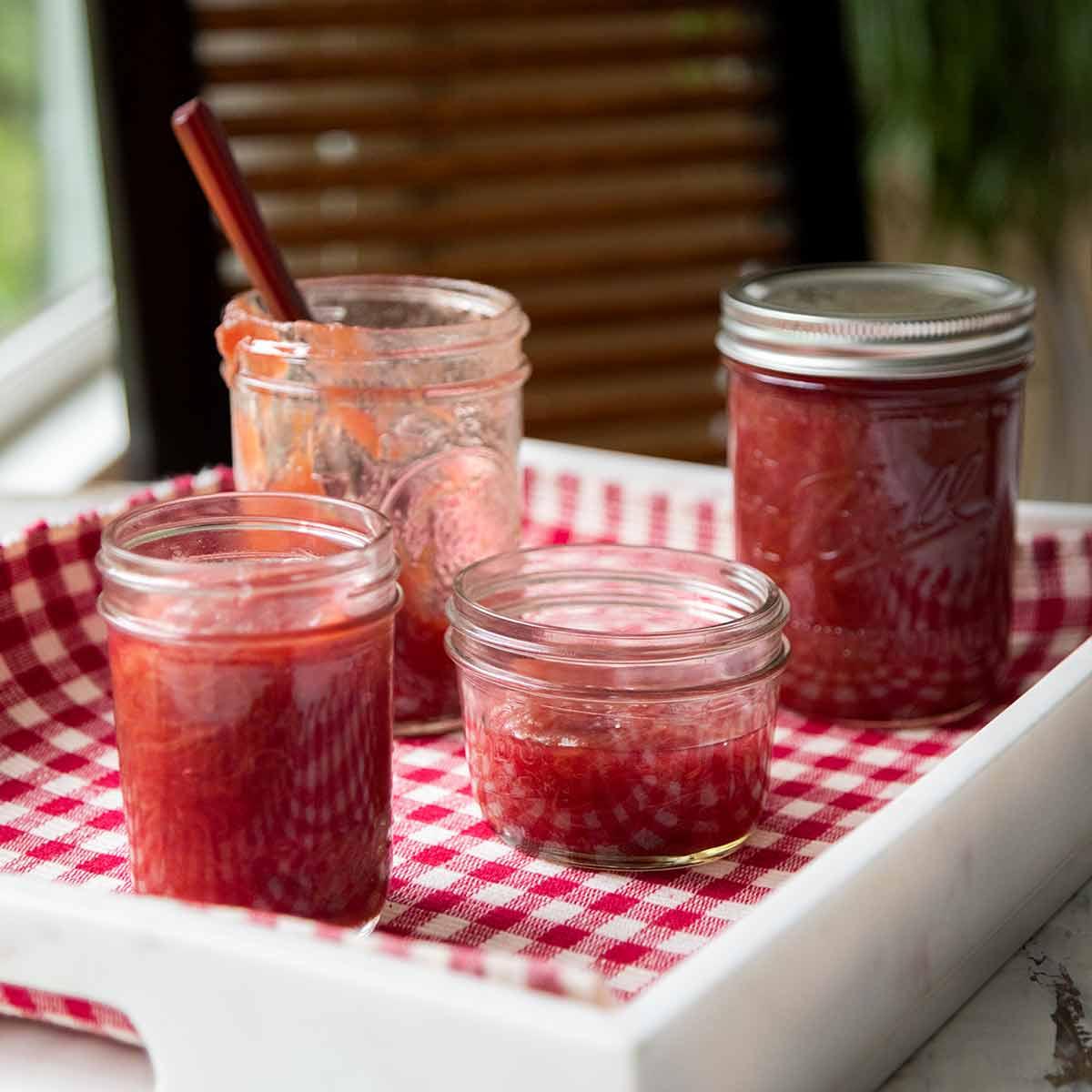 homemade rhubarb jam with saffron threads, jars of jam